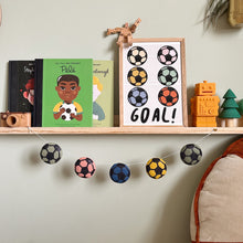 Load image into Gallery viewer, Football theme kidsroom bunting garland in colours of your choice by Velveteen Babies. 
