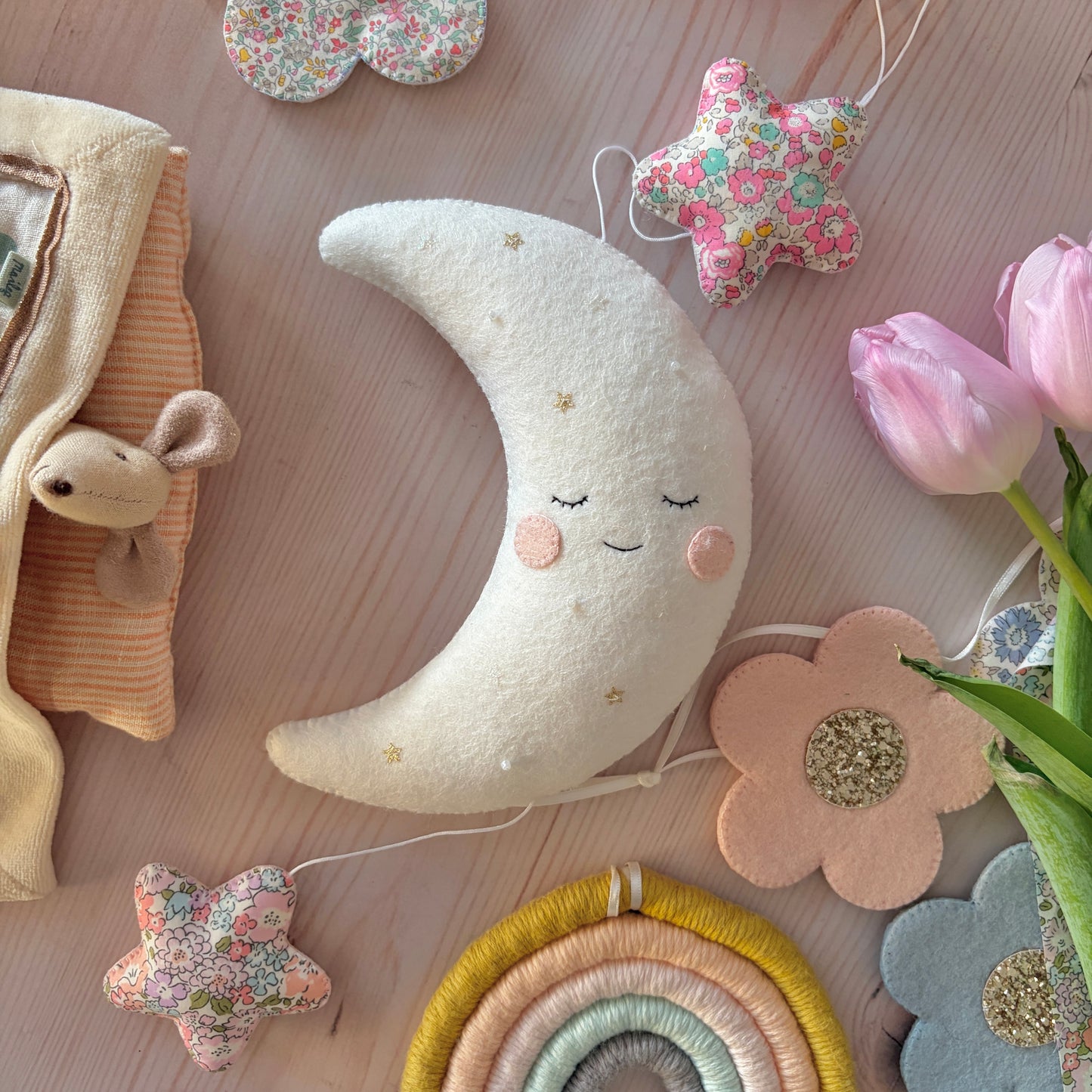 Bespoke sleepy Crescent Moon in your custom colours - Made to order.