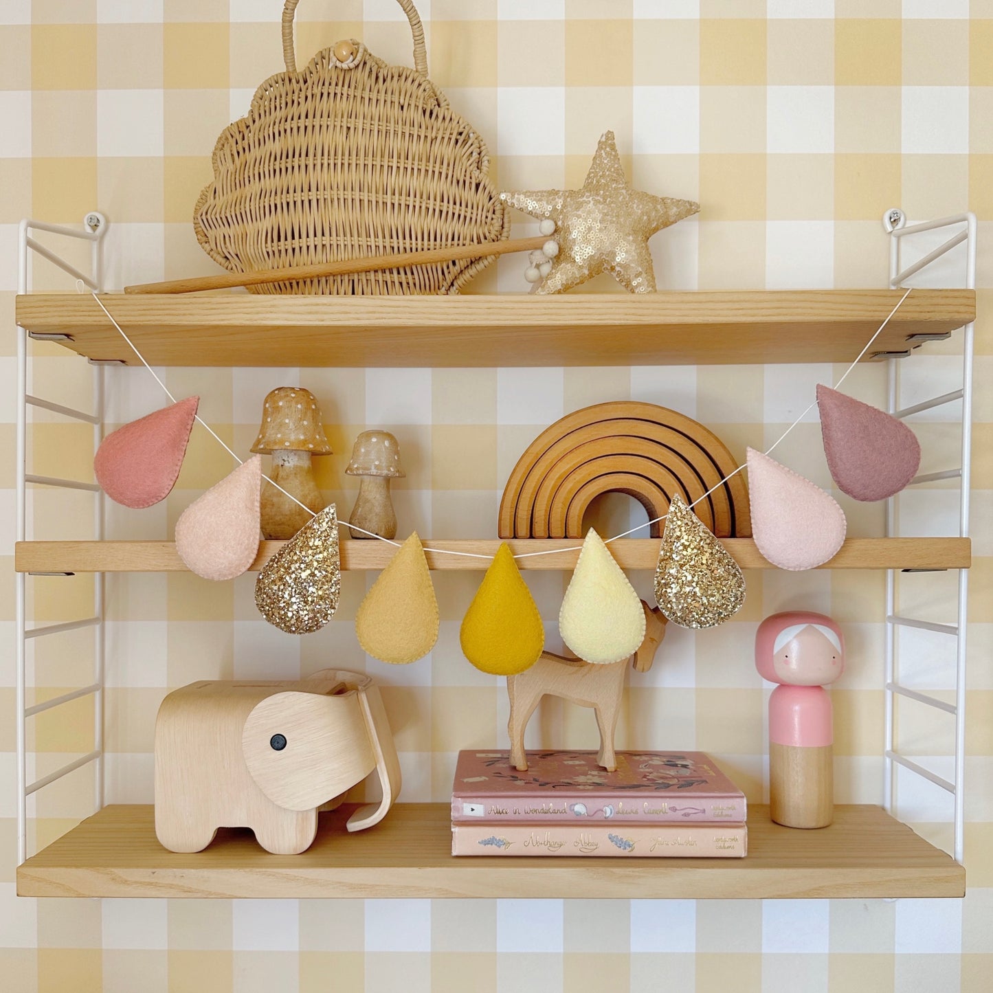 Velveteen Babies Teardrop Garland in pinks and yellows with gold 