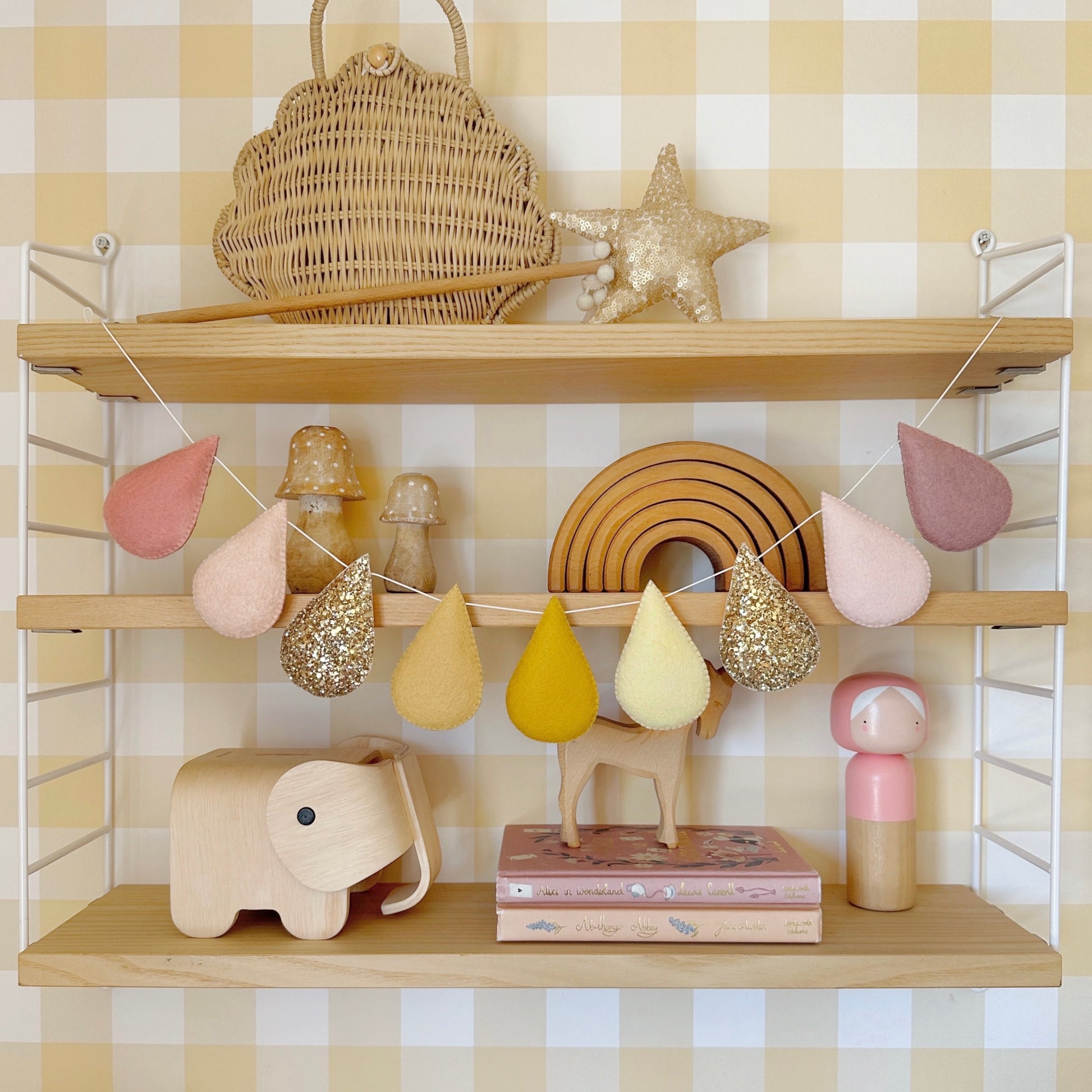 Velveteen Babies Teardrop Garland in pinks and yellows with gold 