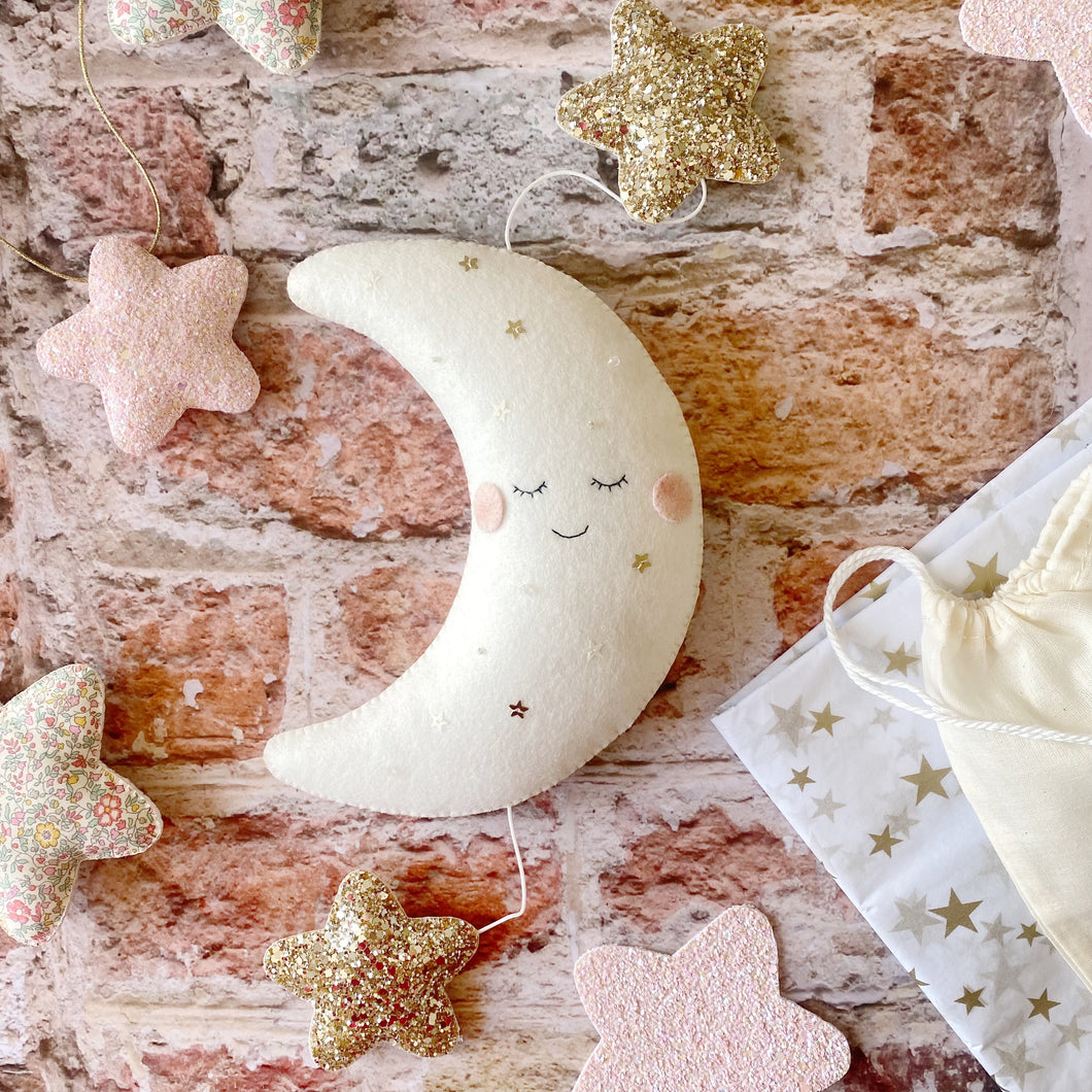 Bespoke sleepy Crescent Moon in your custom colours - Made to order.