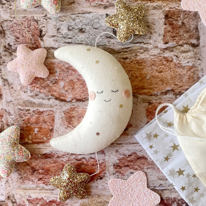 Bespoke sleepy Crescent Moon in your custom colours - Made to order.